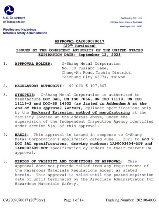 US DOT-3AL CERTIFICATE